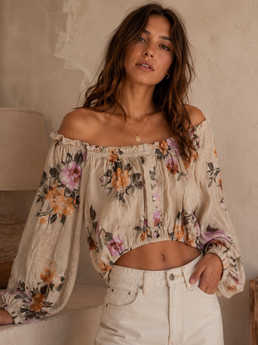 Off-Shoulder Floral Peasant Top in Cream with Pink & Orange Blooms